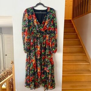 Buffalo David Bitton Multicolor Gold Shimmer Tiered Maxi -Sheer Lantern Sleeve